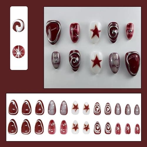 MouyouGlow Press on Nails Kurz,Almond Dunkel Rot Burgundy 3D Silber Kreis Chrome Sterne Mandel Design Fake Nails,Dark Wine Red Silver Wellenlinie Sommer Künstliche Fingernägel thumbnail 2