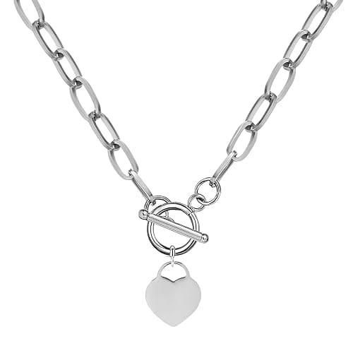 925 Sterling Silver Coin Toggle Necklace For Women, Paperclip Chain Padlock Pendant - Lock And Key, Heart, - Image 1
