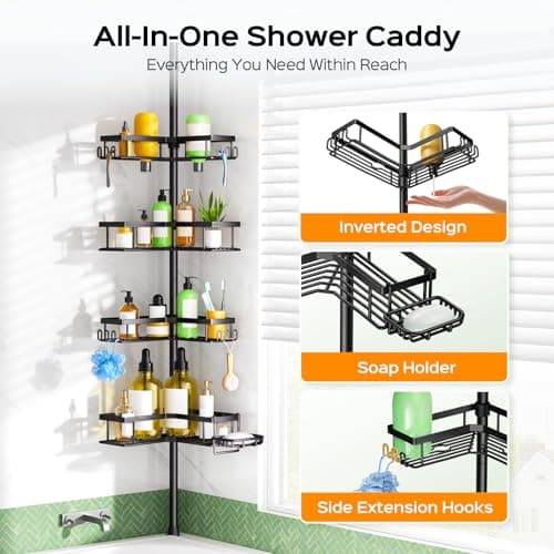 HAMITOR Shower Caddy Tension Pole: 4-Tier Corner Rustproof Bathroom Organizer with Soap Holder & Hooks - No-Drill Adjustable Shower Shelf for Renters - Family Stand Storage Rack - 47-123 Inch Black thumbnail 6
