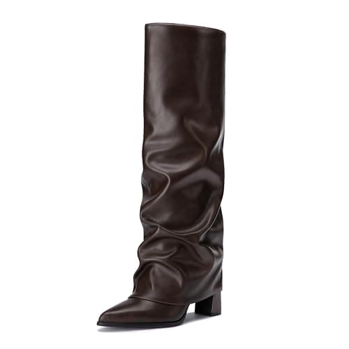 Athlefit Knee High Boots Women Chunky Fold Over Tall Boots | PU Leather, 3.17-inch High Heel, Pointed Toe, Inner Zipper, Slouchy, Easy On and Off, Weekend, Shopping, Women Fall Winter - Image 1