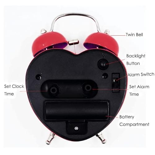 Meyaus 3in Small Heart Shape Loud Twin Bell Plastic Alarm Clock Silent Analog Quartz Nightlight Clock for Heavy Sleepers thumbnail 4
