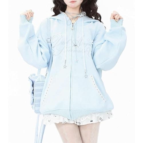 Xojbzoo Y2K Kawaii Bow Lace Trim Zip Hoodie Oversized | Lace trim hood & pockets, adjustable drawstring bows, coquette aesthetic, black blue pink colors, soft cotton blend thumbnail 5