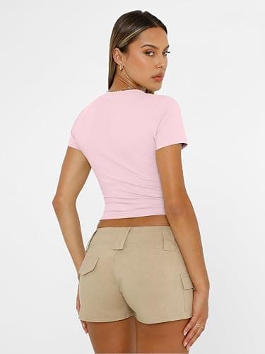 AUTOMET Women's Crew Neck Short Sleeve Summer Basic T-Shirt Stretchy Tight Fitted Soft Going Out Workout Gym Tops thumbnail 6
