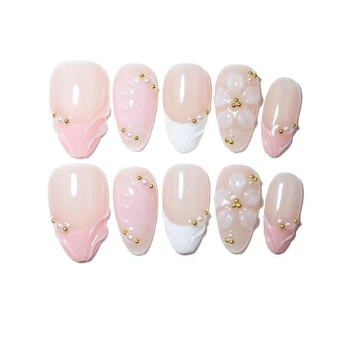 Handmade Short Almond French Press On Nails,Reusable&Salon Quality(PZ03, S) | 10Pcs Daily & Party Fake Nails | Easy Apply & Remove | Nude Pink Ombre with 3D Floral, Pearl & Gold Bead Decor - Image 1