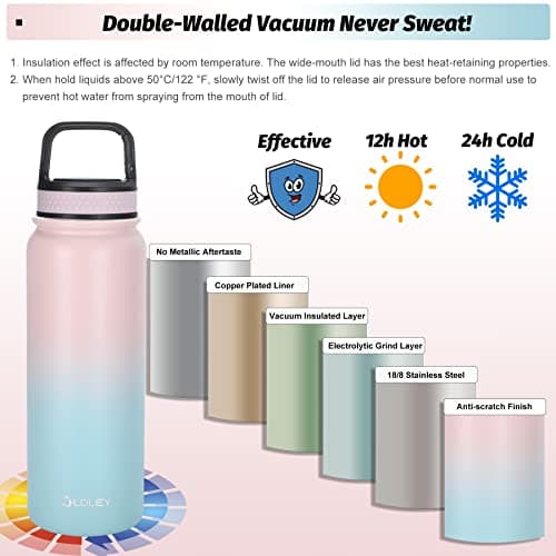 Oldley Insulated Water Bottle with Straw 20oz Stainless Steel Water Bottles with 3 lids Double-Wall Vacuum Thermal for Kids Adults School Sports, Pink-Blue thumbnail 4