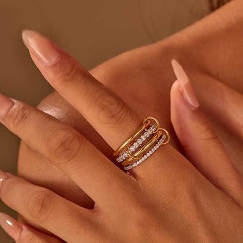 Canboer 14K Gold Plated Interlocked Stackable Rings for Women Non Tarnish,Gold and Silver Cubic Zirconia Statement Rings Set,Mixed Metals Ring Two-Toned Connected Bands Stacking Jewelry thumbnail 5