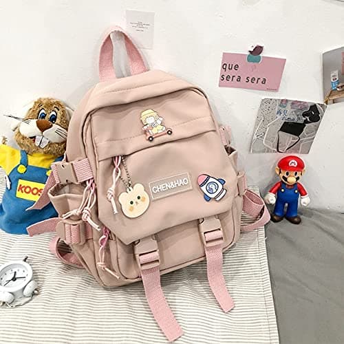 PEXIZUAN kawaii backpack girl school bag waterproof nylon with kawaii pendant cute pin mini backpack(pink) thumbnail 3