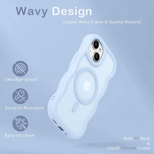 Amzfield Magnetic for iPhone 15 Case, Compatible with Magsafe Wavy Frame Cute Translucent Matte Hard Back Silicone Bumper Shockproof Phone Case for iPhone 15 Women Girls, Light Blue thumbnail 5
