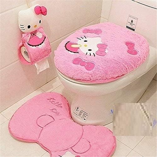 GVTTX Bath mat Cute Cartoon Pink 4 PCS Bathroom Set Toilet Cover WC Non Slip Bath Mat - Toilet Contour Rug Closestool Lid Cover, Seat Cushion,Tissue Box Set (Pink). thumbnail 3