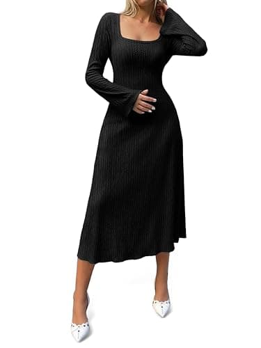 Cicy Bell Womens Sweater Dress Square Neck Maxi Dress Long Sleeve Tie Waist Fall Winter Wedding Guest Knit Midi Dresses - Image 1