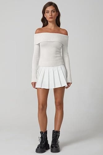 QINSEN Cotton Off The Shoulder Sweater for Women Long Sleeve Ribbed Knit Pullover Sweater Slim Fit Going Out Tops thumbnail 5