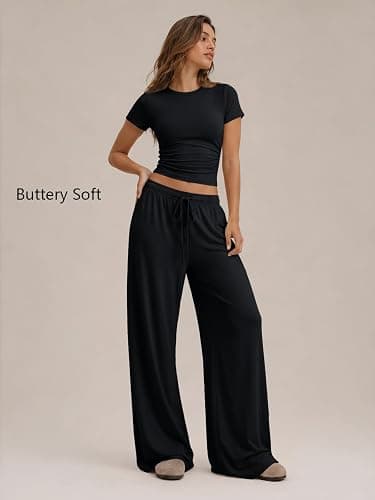 Trendy Queen Women's 2 Piece Matching Summer Lounge Set with Pockets | Vacation Airport Travel Outfits, Workout Gym Clothing Comfy Athleisure Clothes, Side-ruched Top, Drawstring Wide Leg Pants thumbnail 2