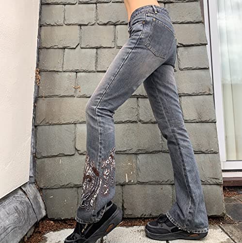 HOXIJIA Women High Waisted Wide Leg Denim Pants Y2K Patterned Baggy Flared Hem Jeans Stretch Bell Bottom Trousers thumbnail 3