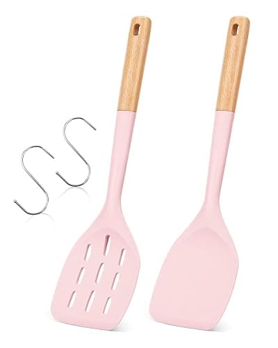 Pack of 2 Silicone Spatula, Non Stick Cooking Utensil Set Wooden Handle Kitchen Turner for Baking Mixing Grilling Serving Food Heat Resistant Non Scratch Hooks Included (Pink) - Image 1