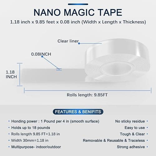 SANKEMU Double-Sided Tape Heavy Duty 9.84 FT x 1.18 in – Clear Removable Mounting Tape for Walls, Carpet, Rugs, Posters – Reusable, No-Residue, Indoor/Outdoor Nano Gel Grip thumbnail 2