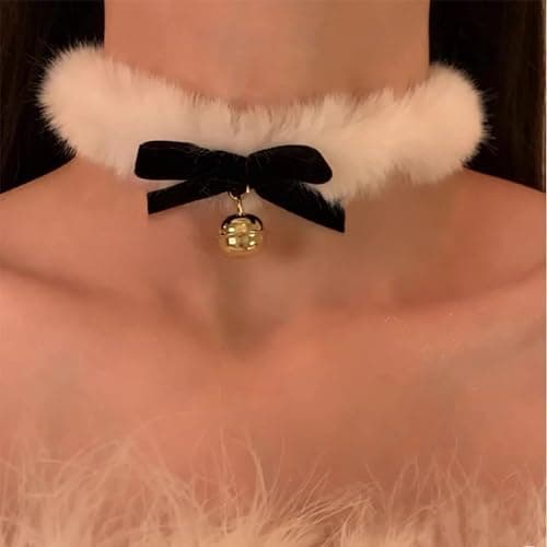 NFVITLP Red Bow Velvet Choker Necklace Sexy Faux Fur Collar Bowtie Long Wrap Rope Neck Chain with Gold Pendant Bell for Women thumbnail 3