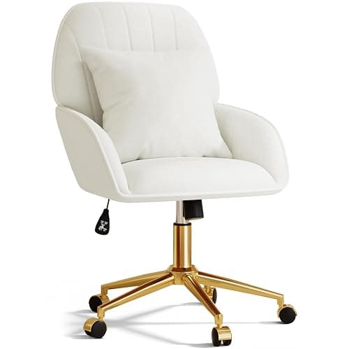 Home Office Desk Chair Comfy with Adjustable Swivel Wheels, Modern Velvet Makeup Vanity Chair with Back & Pillow, Ergonomic Office Chair Computer Task Chair for Living Room, Bedroom, White - Image 1