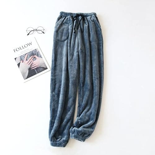 Women's Coral Fleece Pajama Pants Comfy Warm Pajama Lounge Long Pants Sleepwear Velvet Home Pants with Pockets - Grey - Medium thumbnail 4