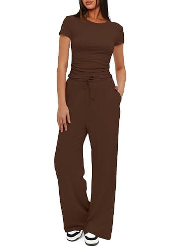 Darong Women's 2 Piece Lounge Sets Short Sleeve Tops High Waisted Wide Leg Pants Airport Travel Outfits Matching Sets - Image 1