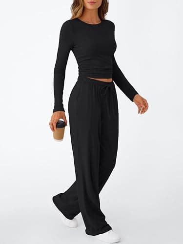 Trendy Queen Women's 2 Piece Matching Lounge Set Long Sleeve Slightly Crop Top Wide Leg Pants Casual Sweatsuit thumbnail 3