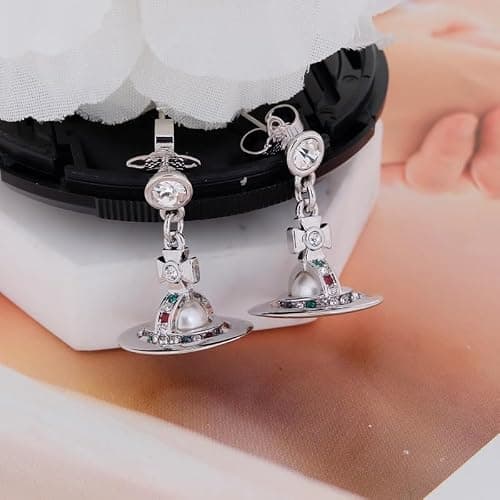 Colorful Saturn Earrings for Women - Punk Shining Crystal Quartz Earrings of Saturn for Women Saturn Earrings (Silver White) thumbnail 2