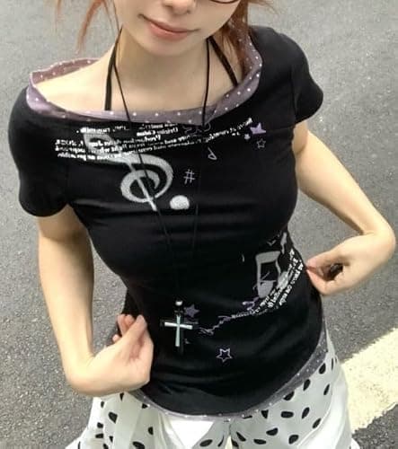 TYATVS Emo Grunge Tops Y2k Harajuku Music Note Shirt Vintage Gothic 2000s Clothing Whimsy Twee Tees Alt Clothes thumbnail 4