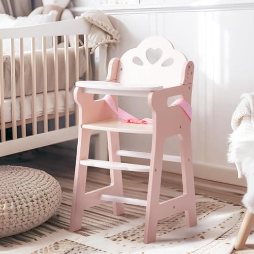 ROBOTIME High Chair for Pretend Play, Wooden Baby Doll Furniture with Safety Belt and Footrest, Fits 18 Inch Dolls, Gift for Ages 3+, White/Pink thumbnail 9