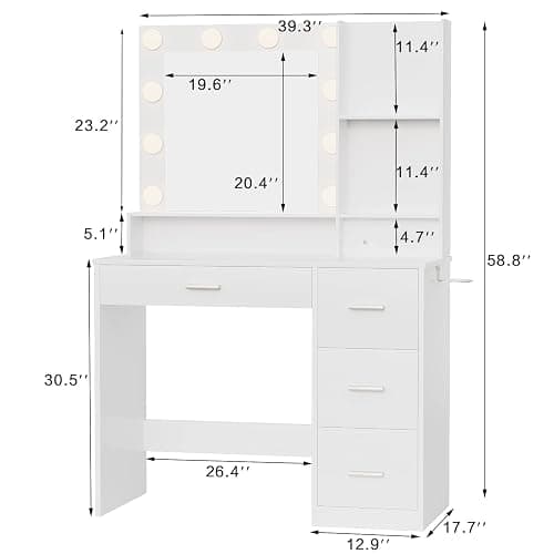 YESHOMY Vanity Desk with Mirror, Power Outlet and 10 Lights, Makeup Table with 4 Drawers, 3 Color Modes Available for Bedroom, White, 39.3x17.7x58.8 inch thumbnail 2