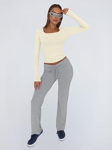 Trendy Queen Womens Long Sleeve Shirts Crop Tops Fall Fashion 2025 Square Neck Going Out Basics Tees Y2k Clothes thumbnail 5