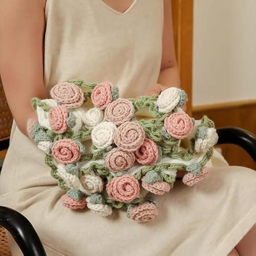 Crochet Flower Bouquet Throw Blanket, Handmade Knitted Blanket with Rose Flowers, Cute Romantic Gift for Her Girlfriend Mom Mother’s Day Valentine Wedding Anniversary Birthday, Pink and White thumbnail 7