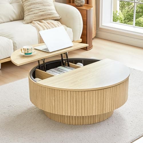 33" Round Coffee Table with Lift-Top & Flip-Top Storage, Modern Accent Fluted Coffee Tables with Metal Frame, Wooden Circle Center Table for Living Room Small Space Apartment Office (Natural) - Image 1