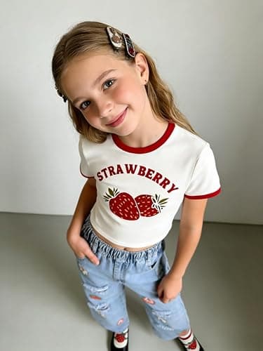 Azmxynol Tween Girl Clothes Short Sleeve Top + Butterfly Design Jeans 2 Pieces Spring Summer Outfit Set, Size 6-14 Years thumbnail 3