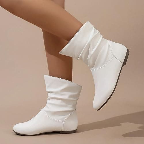 Womens Slouchy Flat Ankle Boots Wide Width Orthopedic Ankle Boot | Comfortable Round Toe Casual Pull On Flat Booties Fall Winter Low Heel Short Boots Ladies Slouchy Boots thumbnail 2