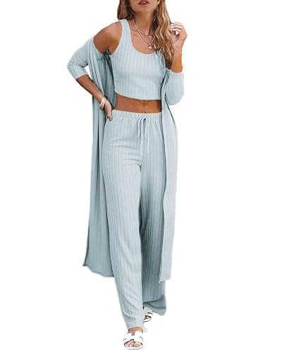 Fessceruna Womens 3 Piece Lounge Sets Pajamas Knit Long Sleeve Cardigan Crop Top Wide Leg Pants Loungewear Set - Image 1