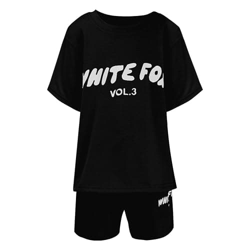 Girls Tracksuit Set Kids Trendy T-Shirt + Shorts 2 Piece Outfit Summer Fashion Short Sleeve White F0x Letter Print Tops with Loose Jogger Shorts Y2k Activewear Casual Sweatshirt Gym Set UK thumbnail 2
