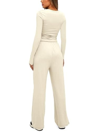 Darong Women's 2 Piece Outfits Lounge Sets 2025 Fall Long Sleeve Tops Wide Leg Pants Casual Matching Set thumbnail 2