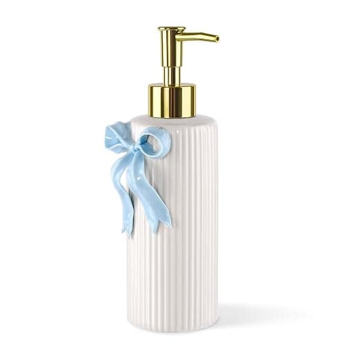 NEWHENGS Handmade Ceramic Bow Soap Pump Dispenser Hand Lotion Liquid Dispenser Refillable for Kitchen and Bathroom Decorative (Ribbon Blue) thumbnail 3