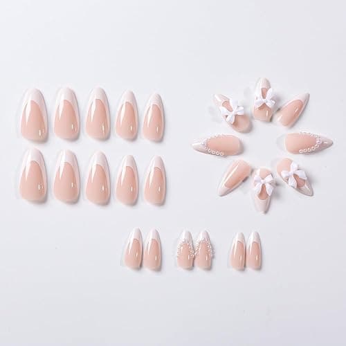 Almond Press on Nails Medium Fake Nails White French Tip False Nails with 3D Bow Charms Design Glue on Nails Pearl Full Cover Stick on Nails Elegant Artificial Nails for Women Manicure 24Pcs thumbnail 4