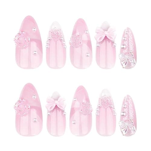 Foccna French Press on Nails Pink Medium, 3D Flower Fake Nails Almond Acrylic False Nails White,Artificial Nails for Women and Girls 24pcs thumbnail 4