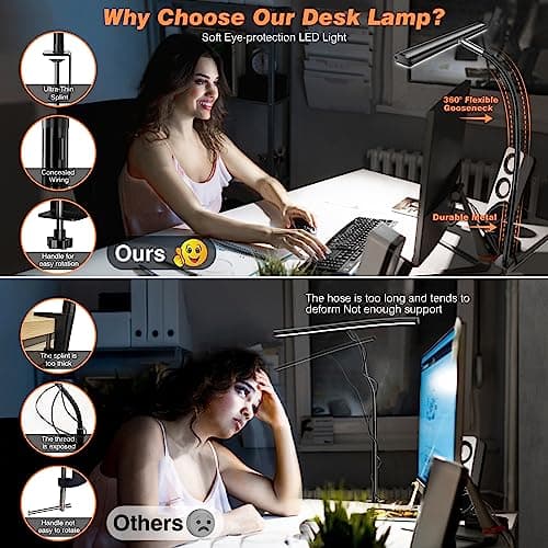 Airlonv LED Desk Lamp for Office Home, Eye-Caring Desk Light with Stepless Dimming Adjustable Flexible Gooseneck, 10W USB Adapter Desk Lamp with Clamp for Reading, Study, Workbench (Black) thumbnail 4