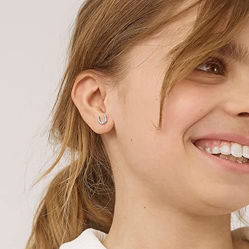 In Season Jewelry Cubic Zirconia Horseshoe Stud Kids Earrings - 925 Sterling Silver Hypoallergenic Earrings for Girls with Secure Screw Backs - Safe & Comfortable for Kids & Little Girls thumbnail 3