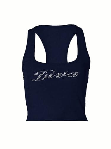 WDIRARA Women's Letter Rhinestone Racerback Crop Tank Top Y2k Square Neck Sleeveless Rib Knit Tops thumbnail 4