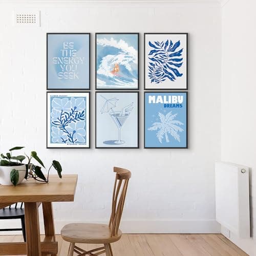 QIYFFBN 6Pcs Blue Coastal Surf Cowgirl Wall Art Vintage Flower Market Canvas Prints Girly Dorm Trendy Preppy Aesthetic Posters Light Blue Cocktail Glass Pictures Wall Decor Unframed (12x16in x6Pcs) - blue - 12x16in Unframed thumbnail 2
