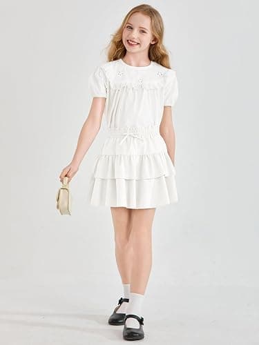 Haloumoning Girls Ruffle Tiered Mini Skirt Kids Drawstring High Waist Flowy Tennis Golf Skorts 5-14 Years thumbnail 3