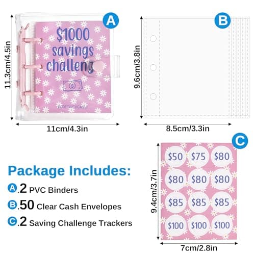 Legrape $1000 Savings Challenge Binder, 2 Pack Mini Money Saving Binder with Cash Envelopes, Reusable Money Organizer Binder Savings Challenge Book,ClearPink thumbnail 2