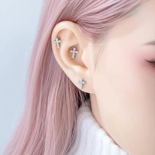 Goth Angle Wing Earrings Silver Flat Back Hypoallergenic Women Studs | Stainless Steel Cartilage Helix Piercing Small Y2k Cute Trendy Jewelry thumbnail 2