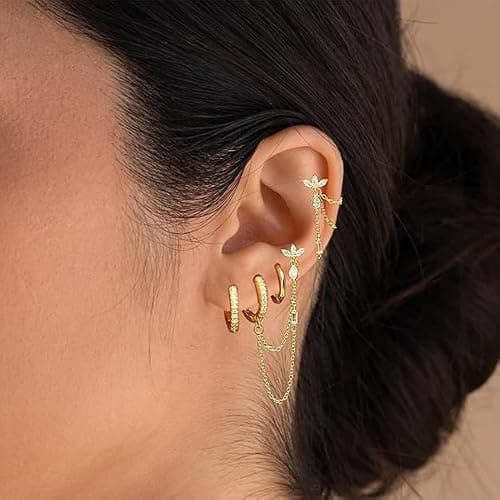 6PCS Earring Stacks Cartilage Chain Helix Piercing Sets For Women Flat Back Multiple Piercing Dangle Huggie Hoop Stackable Jewelry thumbnail 5