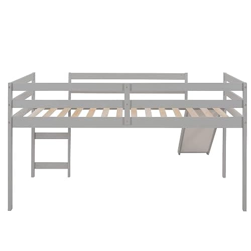 Harper & Bright Designs Twin Size Loft Bed Frame with Slide for Kids, Solid Wood Low Loft Bed with Guardrail and Ladders, Multifunctional Design, Gray thumbnail 5