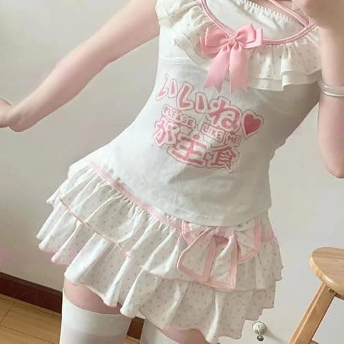 Cute Clad Women Kawaii Y2k Lolita Mini Skirt Sweet Harajuku Bow Tie Multi-Layer Ruffles Pleated Skirts thumbnail 3