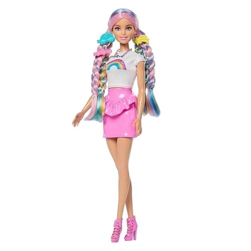 Barbie Rainbow Sparkle Hair Doll, Extra-Long and Colorful Hair with 12 Styling Accessories like Glitter Tube, Brush, Clips, Hair Dryer and More, JJP07 thumbnail 4
